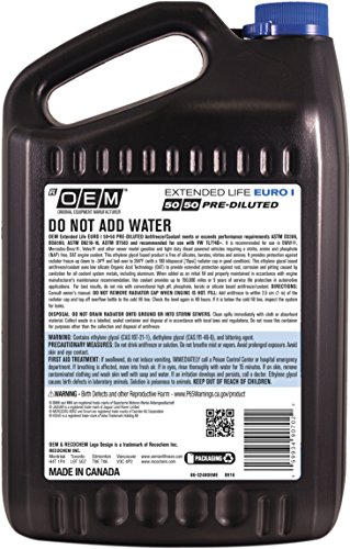 Recochem OEM European Vehicles Premium Antifreeze 50/50 Extended Life Coolant – Euro I Blue 1 Gallon, 1 Pack