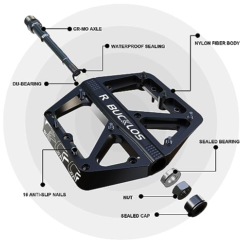 BUCKLOS Mountain Bike Pedals MTB Pedals Large Flat with Anti-Slip Adult | Bicycle Road Bike Wide Strong Grip Platform Pedal for Gravel/ Ebike/Hybrid Bikes/Beach Cruiser/Folding/BMX 9/16″ Nylon Black