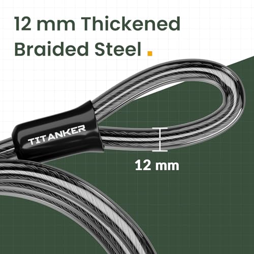 Titanker Bike Lock Cable,12mm Thick Security Cable with Loops Heavy Duty Steel Cable Vinyl Coated Bike Cable Lock Security Chain (4ft, 7ft, 15ft, 30ft)