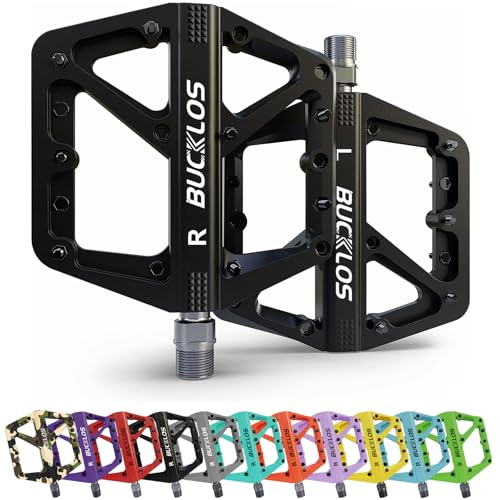 BUCKLOS Mountain Bike Pedals MTB Pedals Large Flat with Anti-Slip Adult | Bicycle Road Bike Wide Strong Grip Platform Pedal for Gravel/ Ebike/Hybrid Bikes/Beach Cruiser/Folding/BMX 9/16″ Nylon Black