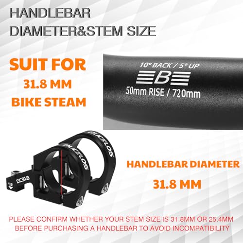 BUCKLOS 31.8mm Mountain Bike Handlebars 720mm – 50mm Rise MTB Handlebar | 6061 aluminum alloy, hard anodized & CNC bent, 31.8mm clamp, 720mm width, cut marks for width adjust for MTB/folding/ebike