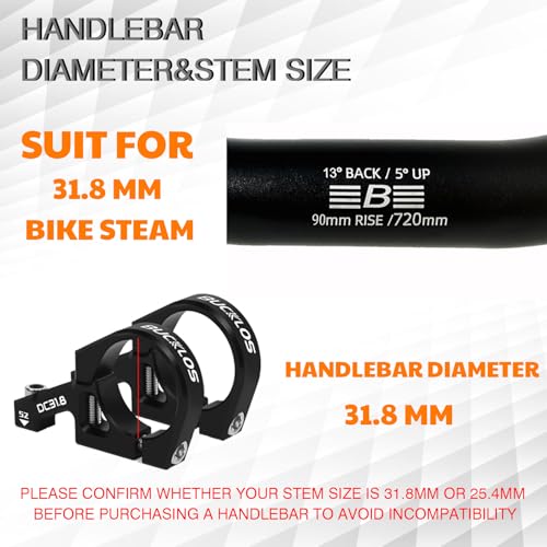 BUCKLOS 31.8mm Mountain Bike Handlebars 720mm – 90mm Rise MTB Handlebar | 6061 aluminum alloy, hard anodized & CNC bent, 31.8mm clamp, 720mm width, cut marks for width adjust for MTB/folding/ebike
