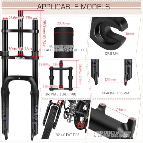 BUCKLOS 20×4.0 Fat Tire Ebike Air Front Suspension Fork, 9x135mm QR | 180mm Travel, Double Shoulder, Straight Steerer, Electric Bike, MTB, Snow, Beach