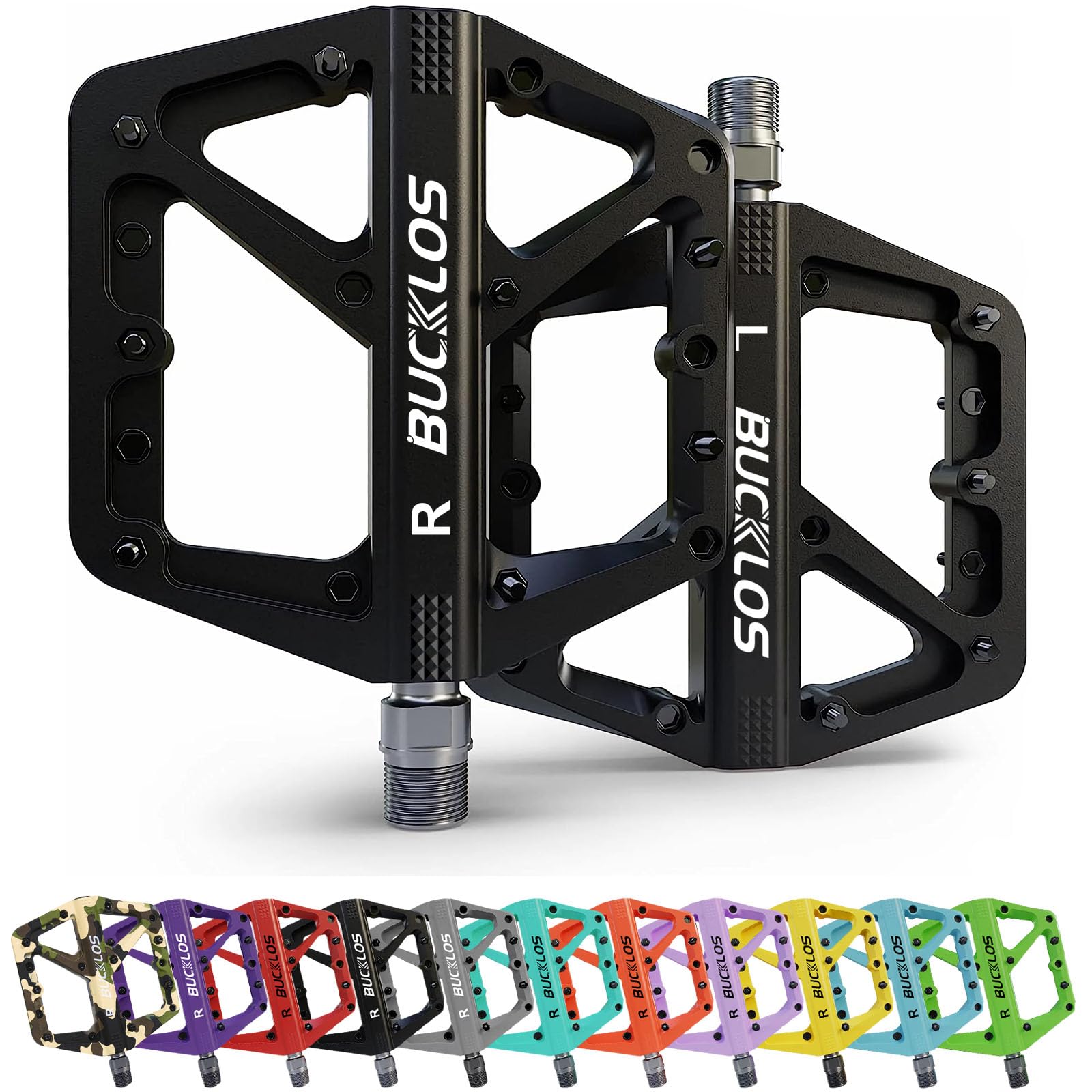 BUCKLOS Mountain Bike Pedals MTB Pedals Large Flat with Anti-Slip Adult | Bicycle Road Bike Wide Strong Grip Platform Pedal for Gravel/ Ebike/Hybrid Bikes/Beach Cruiser/Folding/BMX 9/16″ Nylon Black