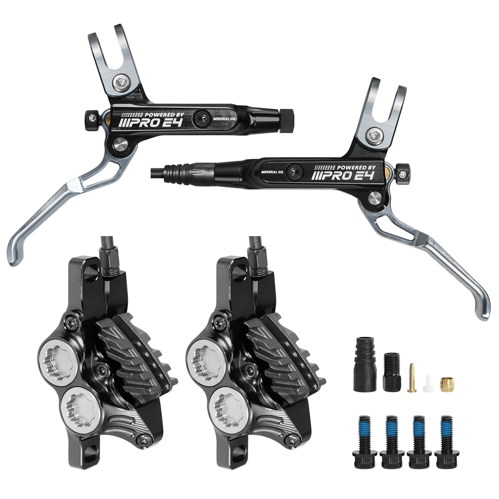 BUCKLOS IIIPRO MTB 4 Pistons Hydraulic Disc Brake Set Front 800mm and Rear 1550mm with Ceramic Brake Pad for Mountain Bike(Pre-Bled)