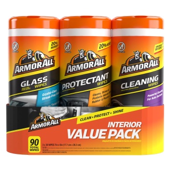 Armor All Car Interior Value Pack, 90 Count, Includes Auto Glass Cleaner, Cleaning Wipes and Protectant Wipes