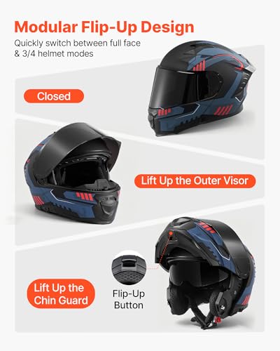 VEVOR Motorcycle Helmet DOT Approved, Adult Motocross Dirt Bike Helmet with Large Clear Visor, Comfortable Motorbike Racing Street with Detachable Liner for Men & Women