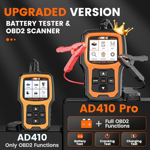 ANCEL AD410 PRO OBD2 Scanner and Battery Tester, 2-in-1 Car Diagnostic Tool, Check Engine Light, EVAP Test, Live Data, 12V Battery Analyzer with Cranking & Charging System Test for Car Motorcycle