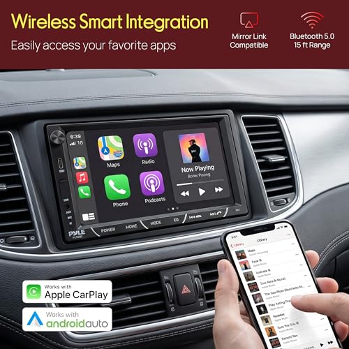 Pyle Double Din Car Stereo with Backup Camera | 1080P HD 7-Inch IPS Touch Screen Radio for Car | 4x60W Power CarPlay and Android Auto with AM/FM & Bluetooth 5.0 | Includes Microphone & Remote Control