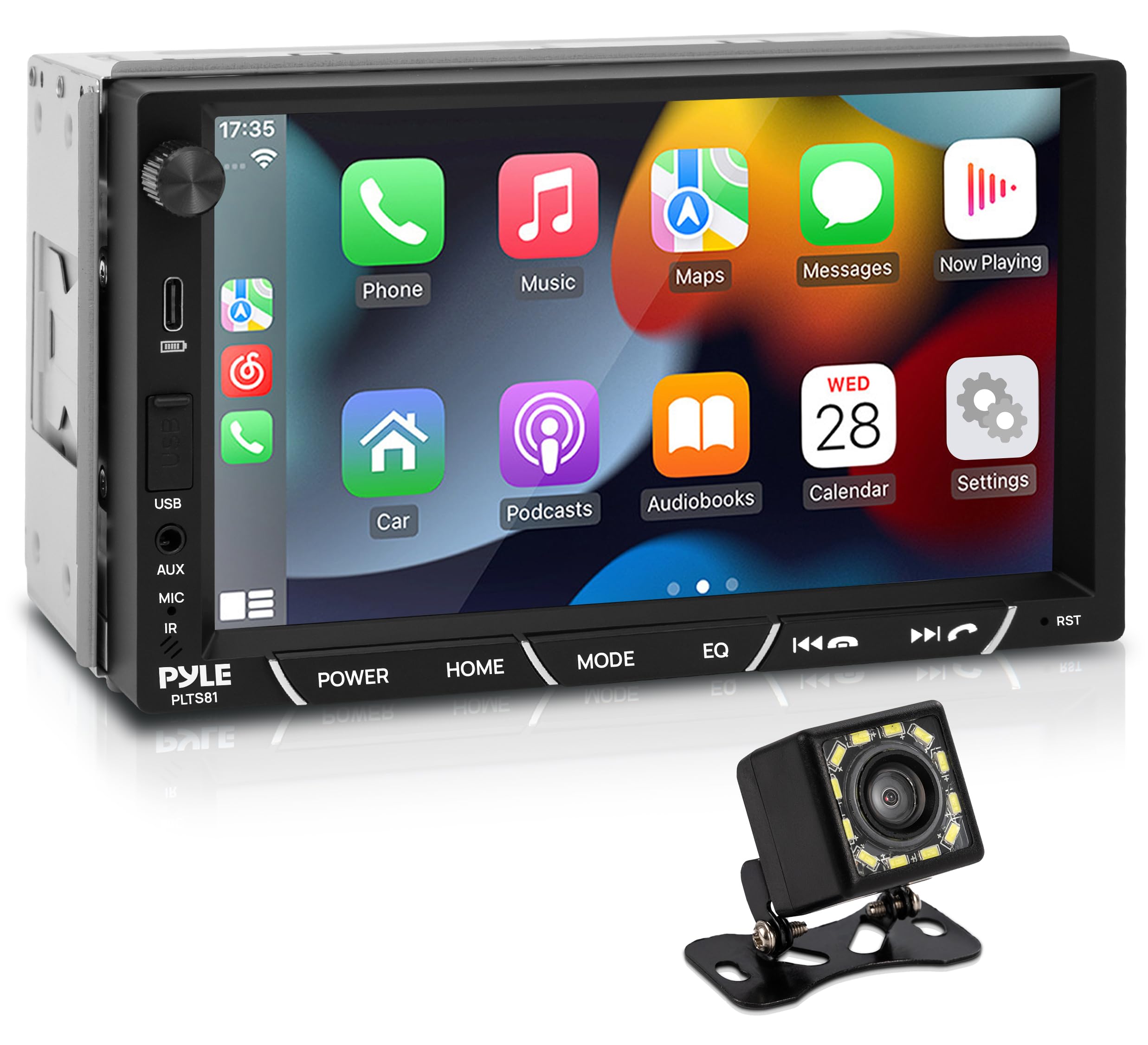 Pyle Double Din Car Stereo with Backup Camera | 1080P HD 7-Inch IPS Touch Screen Radio for Car | 4x60W Power CarPlay and Android Auto with AM/FM & Bluetooth 5.0 | Includes Microphone & Remote Control