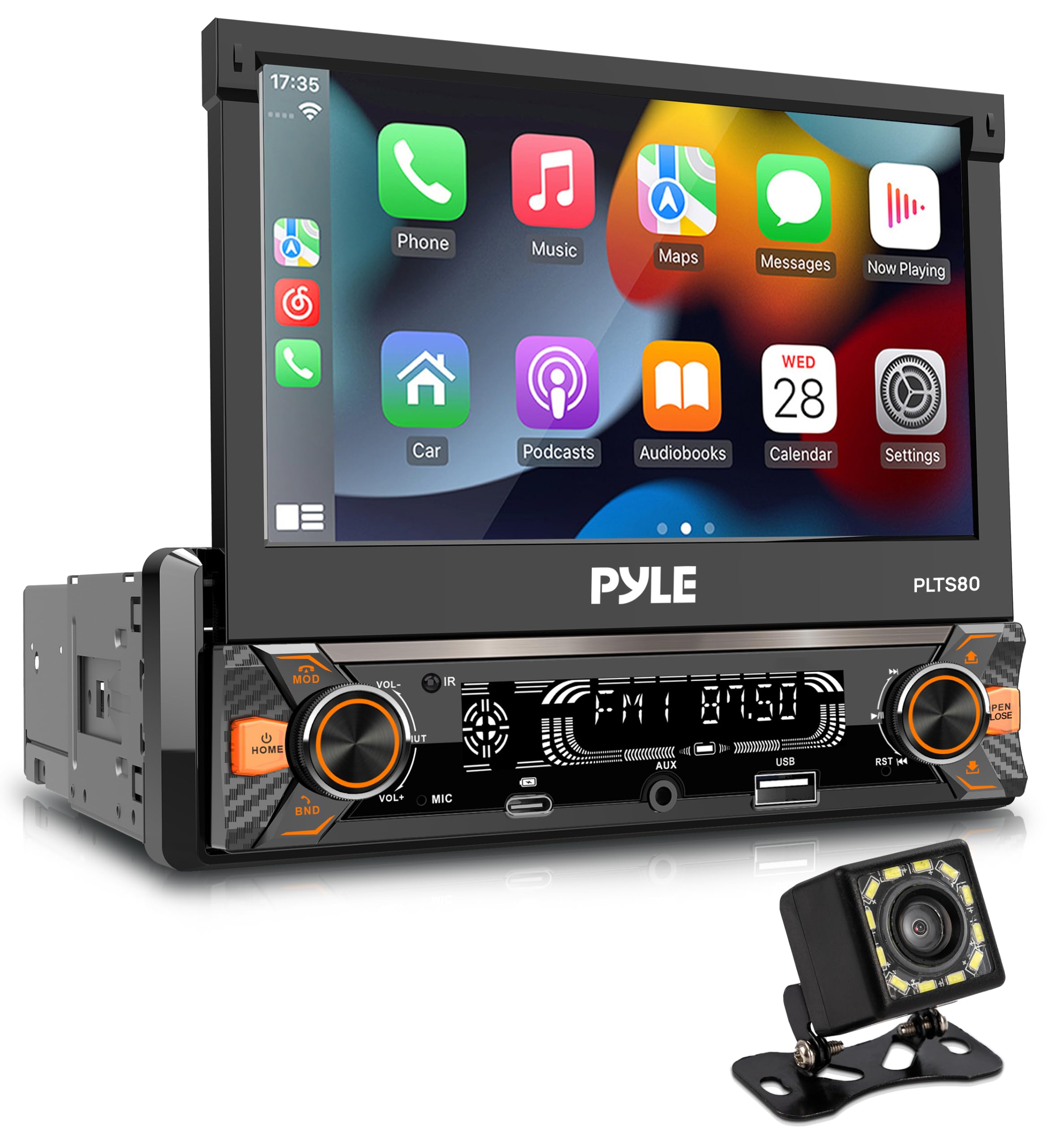 Pyle 7" Single DIN Car Stereo | Apple CarPlay & Android Auto, Flip-Out 7-Inch IPS Touchscreen, Bluetooth, 1080p Backup Camera, AM/FM, USB, 240 W | Single DIN Head Unit Receiver